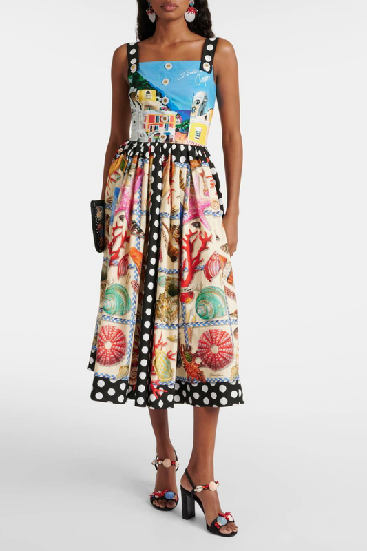 Domitille Puantiyeli Kare Yaka Midi Elbise