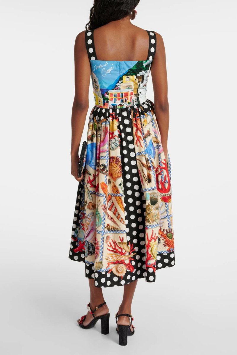 Domitille Puantiyeli Kare Yaka Midi Elbise