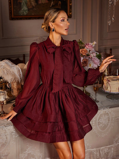 Eairein Uzun Kollu Fiyonklu Fırfırlı Mini Elbise