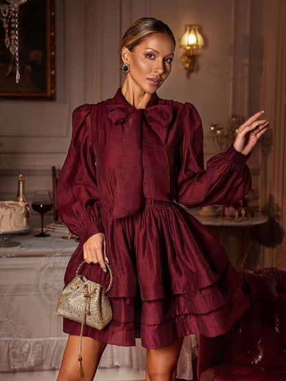 Eairein Uzun Kollu Fiyonklu Fırfırlı Mini Elbise