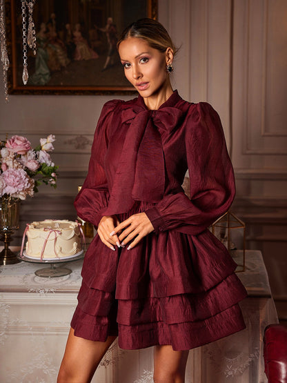 Eairein Uzun Kollu Fiyonklu Fırfırlı Mini Elbise