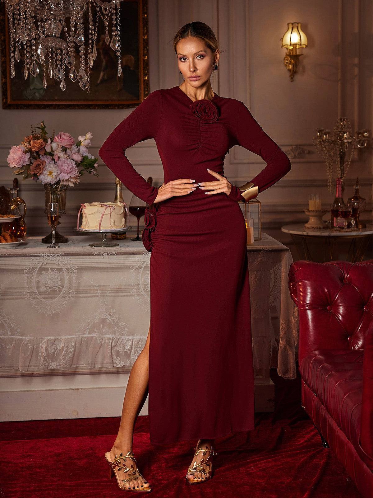 Ebrill Uzun Kollu Çiçek Desenli Midi Elbise