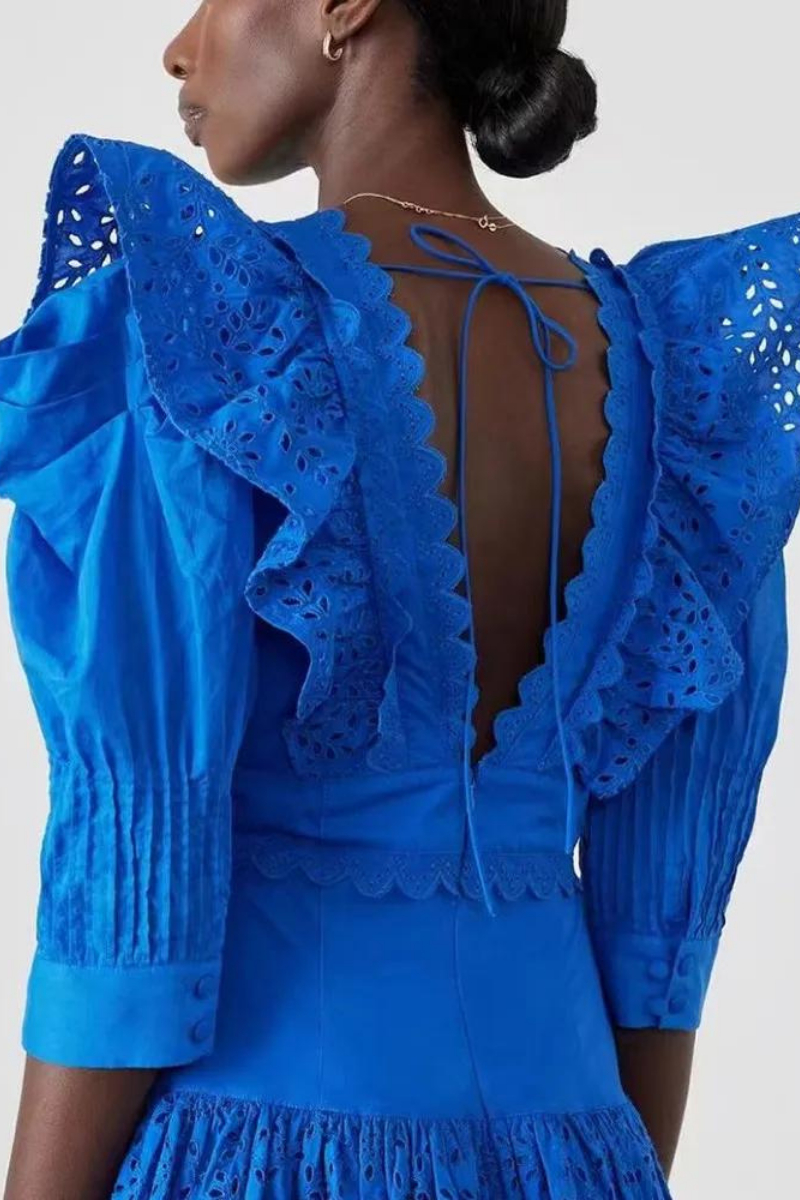 Eloïse Fırfırlı Derin Yaka Sırtı Açık Mini Elbise