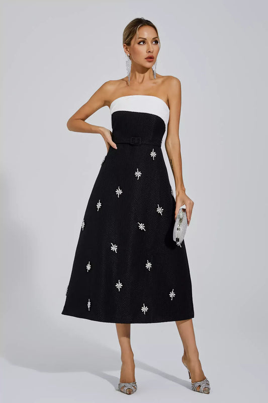 Emberlynn Siyah Beyaz Patchwork Uzun Elbise