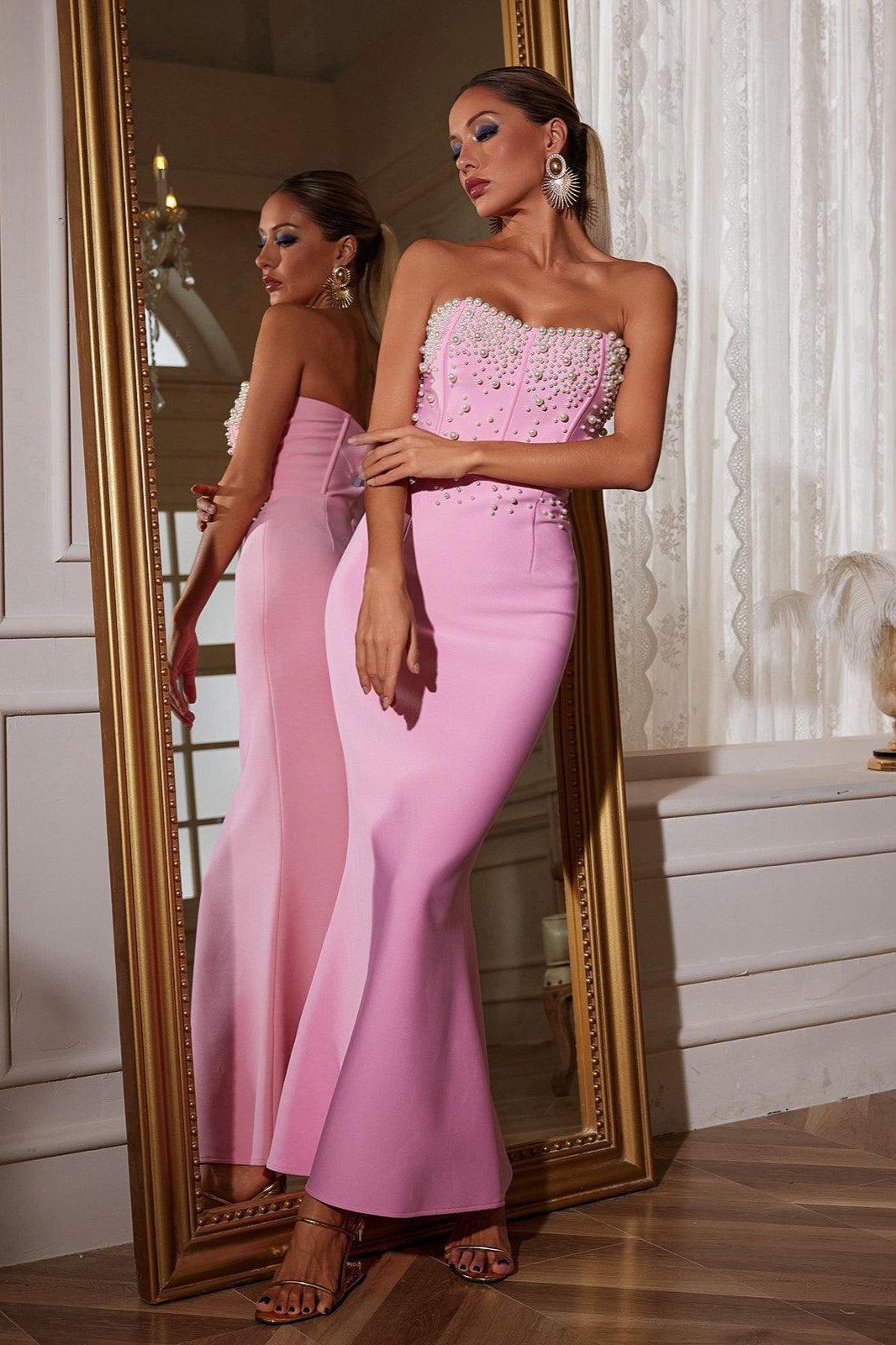 Everett Askısız İnci Bandajlı Uzun Elbise