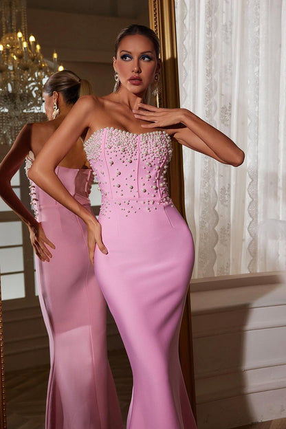 Everett Askısız İnci Bandajlı Uzun Elbise