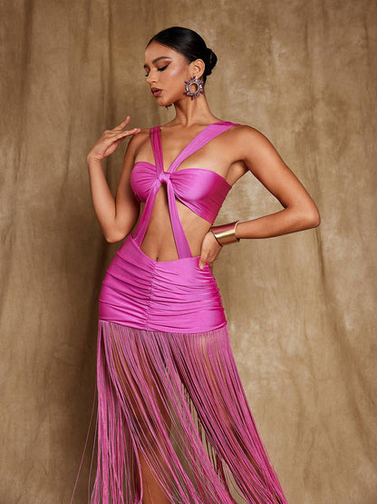 Faline Kesik Bükülmüş Saçaklı Mini Elbise