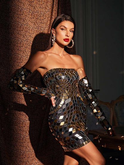 Felice Askısız Akrilik Mini Elbise Eldivenli