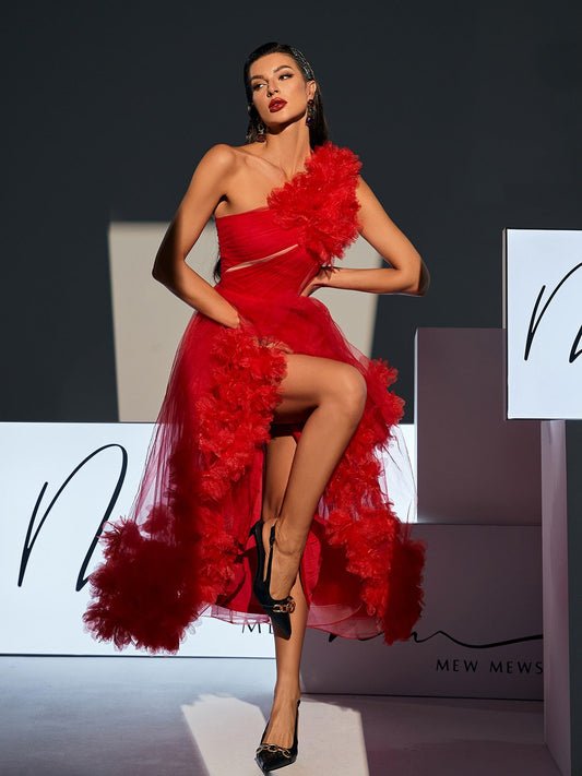 Ghslaine Tek Omuzlu Tül Midi Elbise