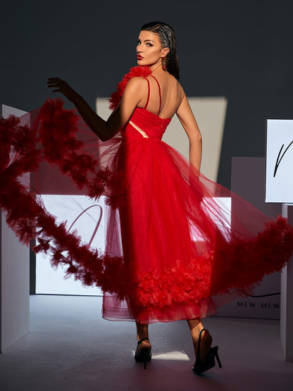 Ghslaine Tek Omuzlu Tül Midi Elbise