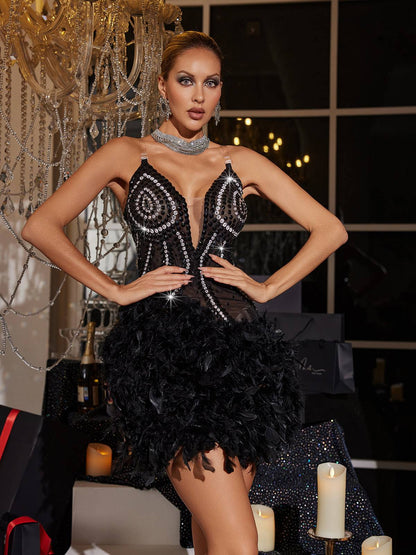 Gotow Taşlı Tüylü Mini Elbise