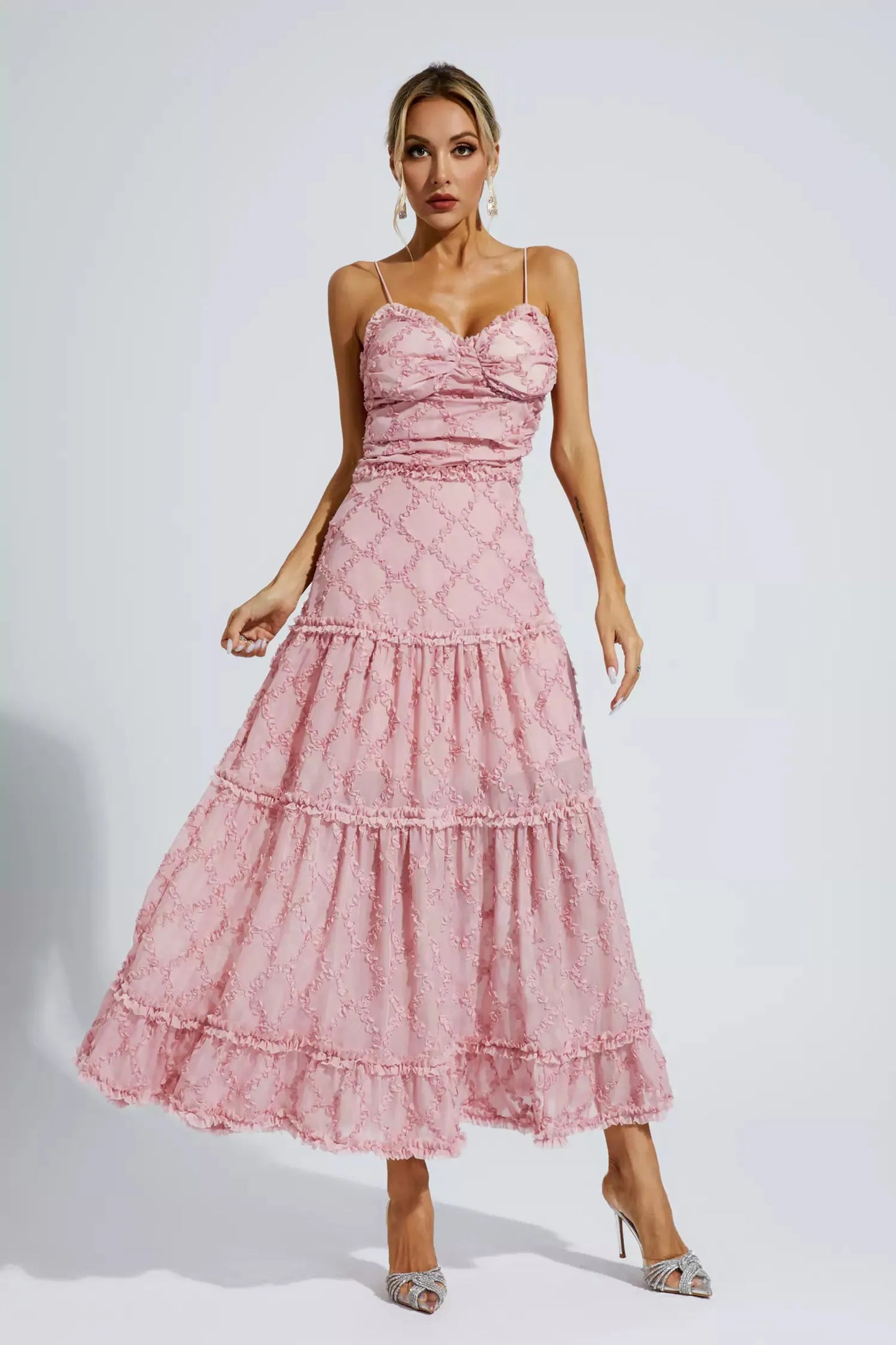 Cennet Pembesi Kıvrımlı Slip Maxi Elbise