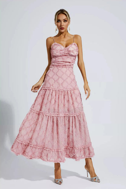 Cennet Pembesi Kıvrımlı Slip Maxi Elbise