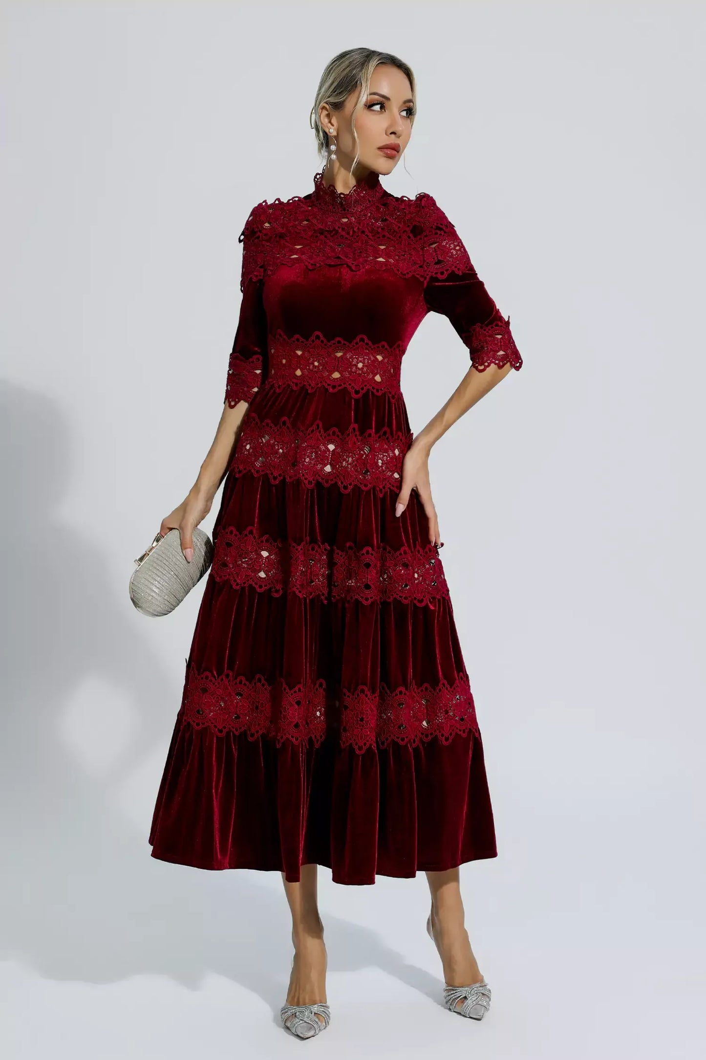 Henley Şarap Kırmızısı Kesimli Uzun Kollu Maxi Elbise