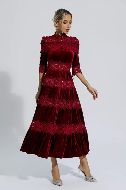 Henley Şarap Kırmızısı Kesimli Uzun Kollu Maxi Elbise