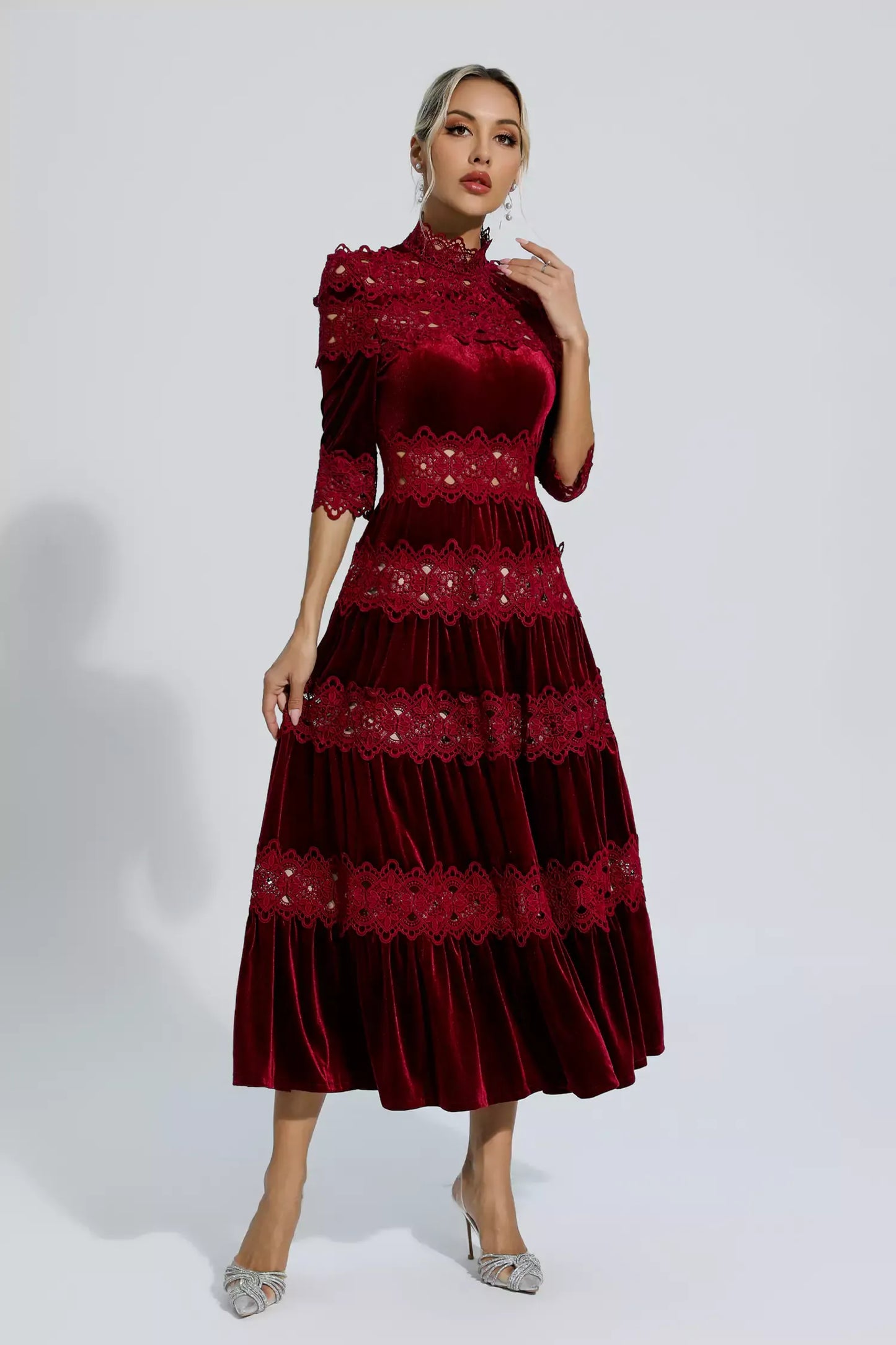 Henley Şarap Kırmızısı Kesimli Uzun Kollu Maxi Elbise