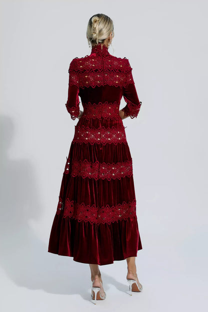 Henley Şarap Kırmızısı Kesimli Uzun Kollu Maxi Elbise