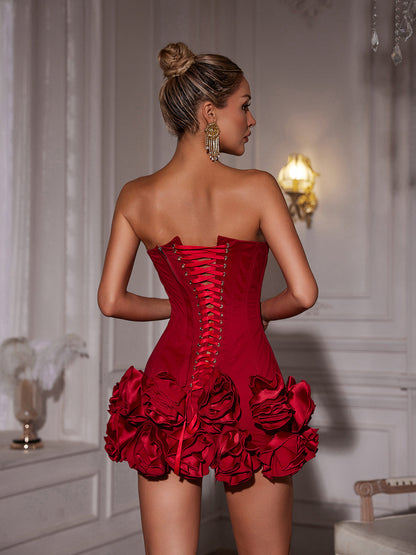 Hiroshi Kırmızı Askısız Çiçek Mini Elbise