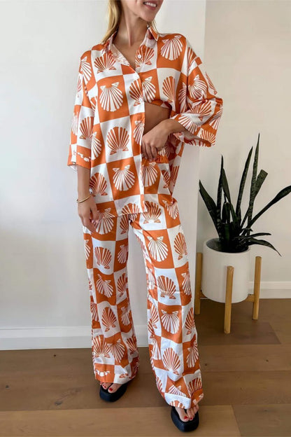 Özel Saten Kabuk Desenli Geniş Paça Pantolon Takımı