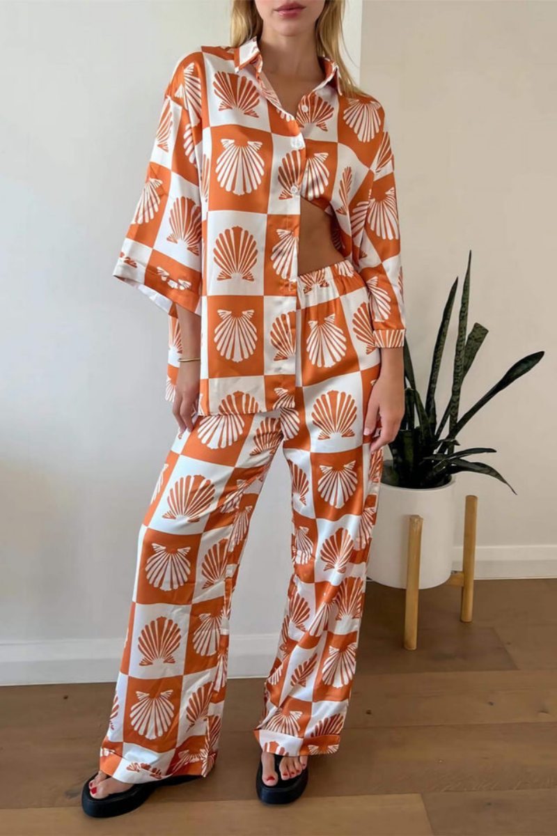 Özel Saten Kabuk Desenli Geniş Paça Pantolon Takımı