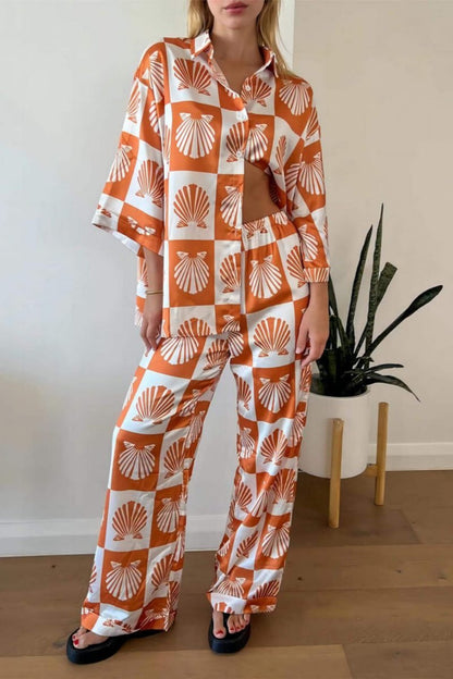 Özel Saten Kabuk Desenli Geniş Paça Pantolon Takımı