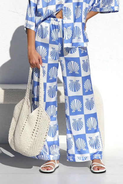 Özel Saten Kabuk Desenli Geniş Paça Pantolon Takımı