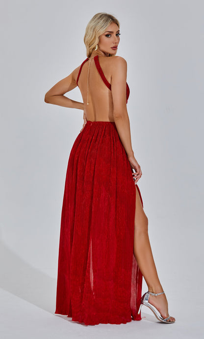 Dizzt Kırmızı Kadife Maksi Elbise