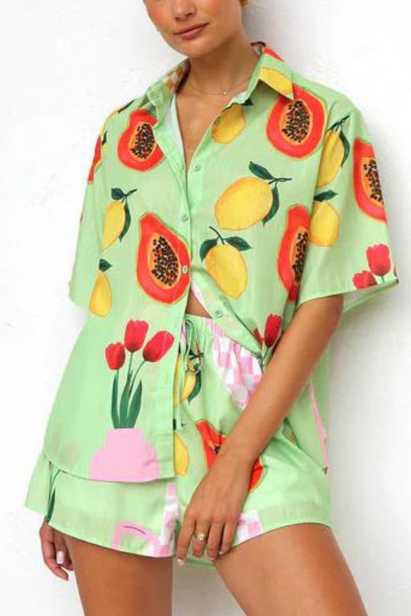 Günlük Baskılı Hırka Gömlek Şort Takım