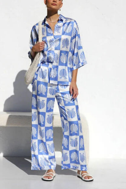 Özel Saten Kabuk Desenli Geniş Paça Pantolon Takımı