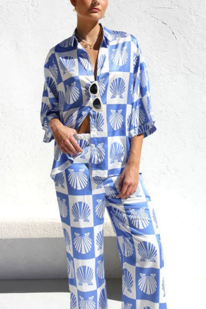 Özel Saten Kabuk Desenli Geniş Paça Pantolon Takımı