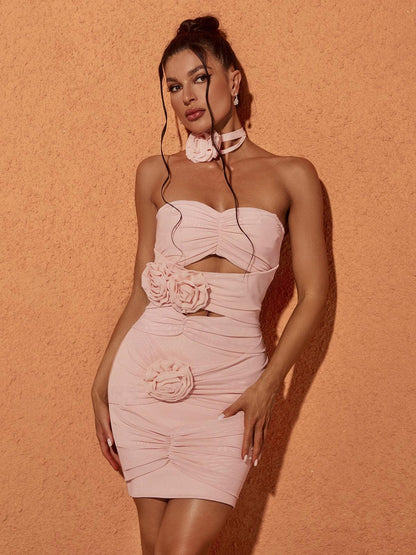 Inara Askısız Fileli Kesik Mini Elbise Allık