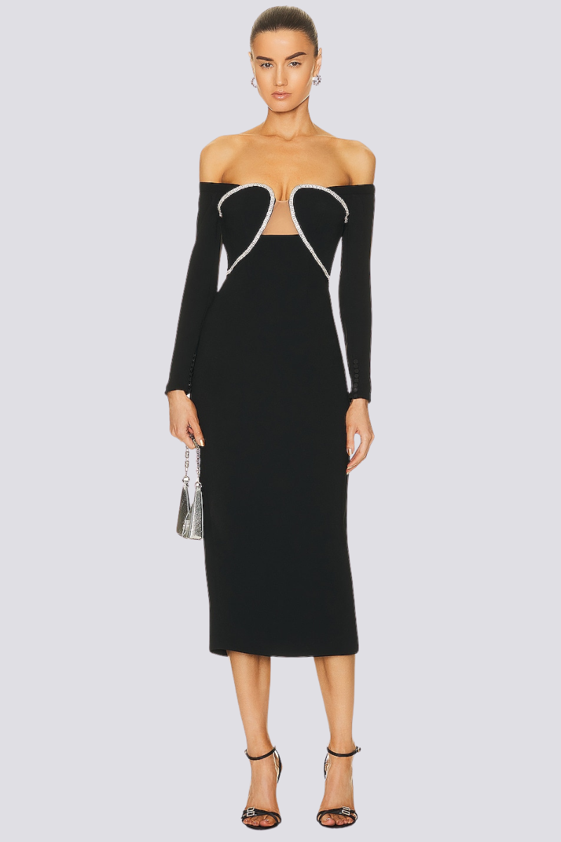 İzara Omuz Açık Taşlı Midi Elbise