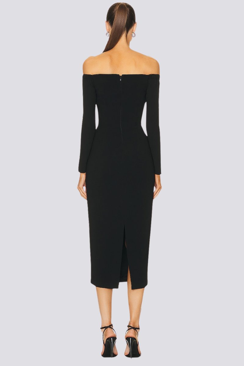 İzara Omuz Açık Taşlı Midi Elbise