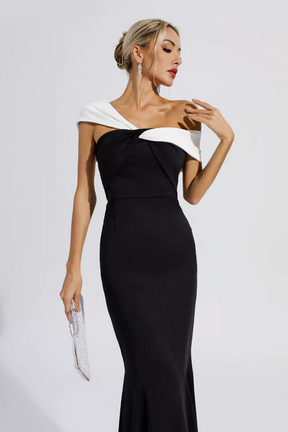 Siyah Omuzları Açık Deniz Kızı Uzun Elbise