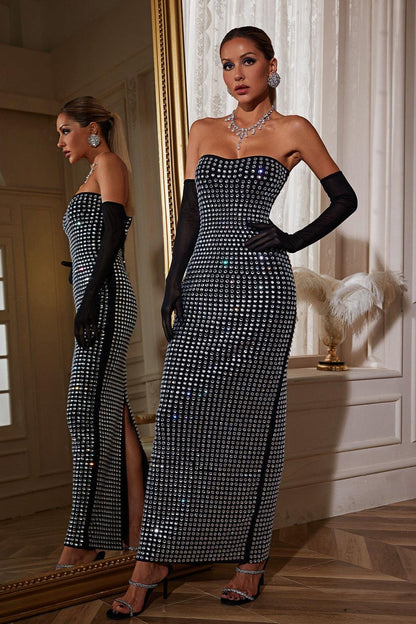 Khy Eldivenli Yapay Elmas Bandaj Uzun Elbise