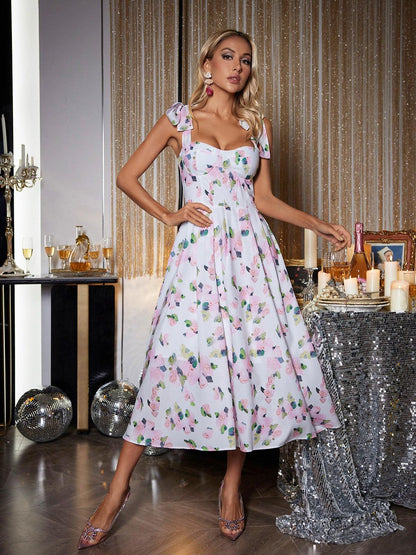 Kızzy Çiçekli Spagetti Midi Elbise