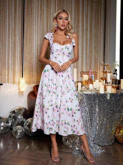 Kızzy Çiçekli Spagetti Midi Elbise