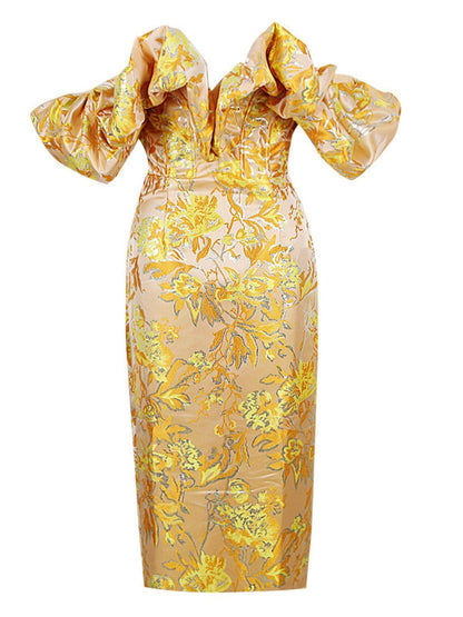 Kore Omuz Açık Jakarlı Midi Elbise