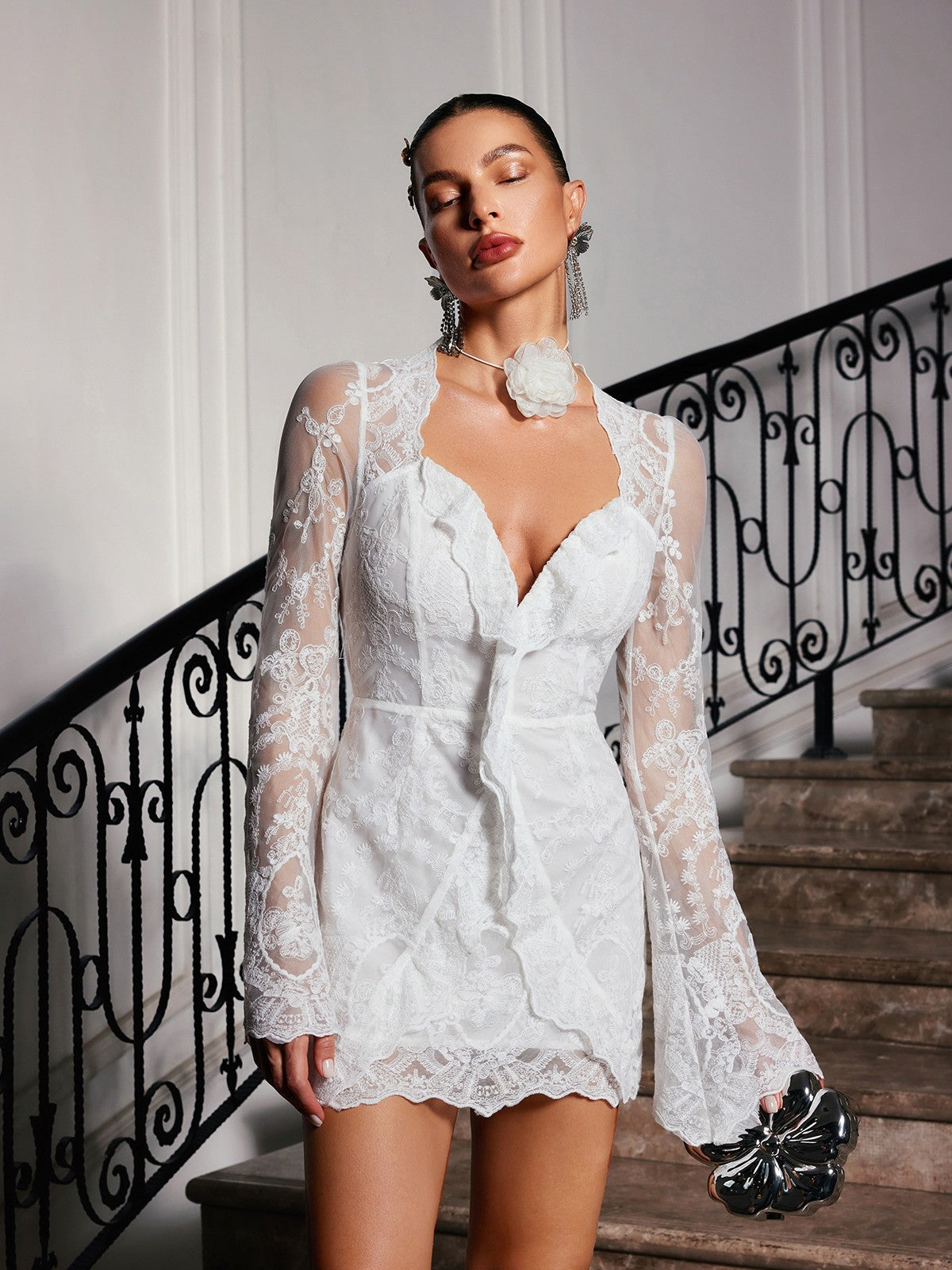 Lytar Geniş Kollu Dantel Mini Elbise