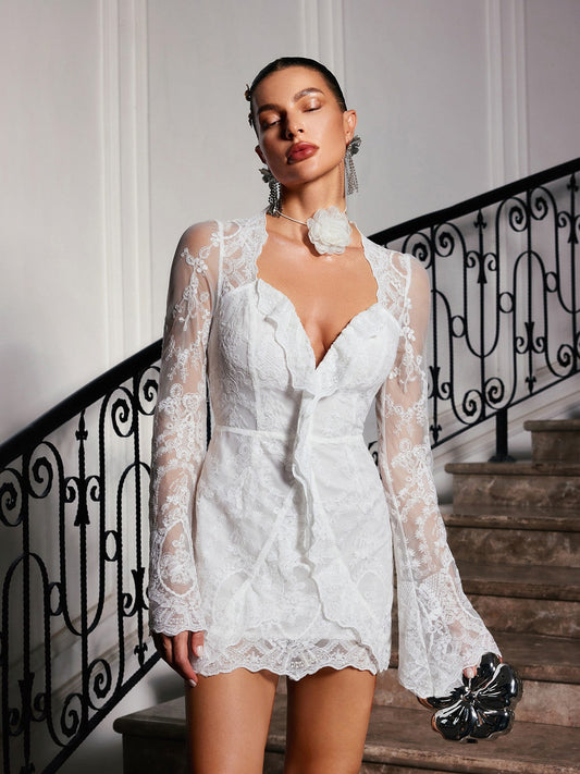 Lytar Geniş Kollu Dantel Mini Elbise