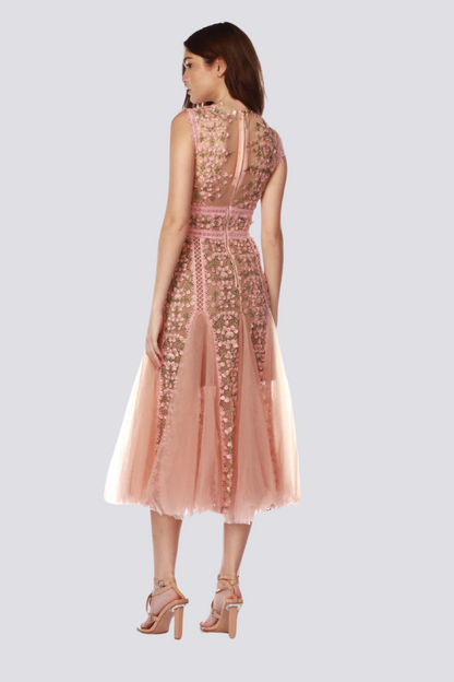 Bej Maëlle Yuvarlak Yaka File İşlemeli Midi Elbise