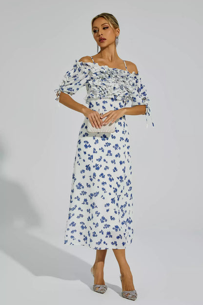 Malory Beyaz Volanlı Slip Uzun Elbise