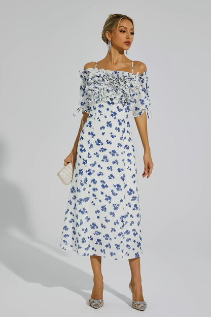 Malory Beyaz Volanlı Slip Uzun Elbise