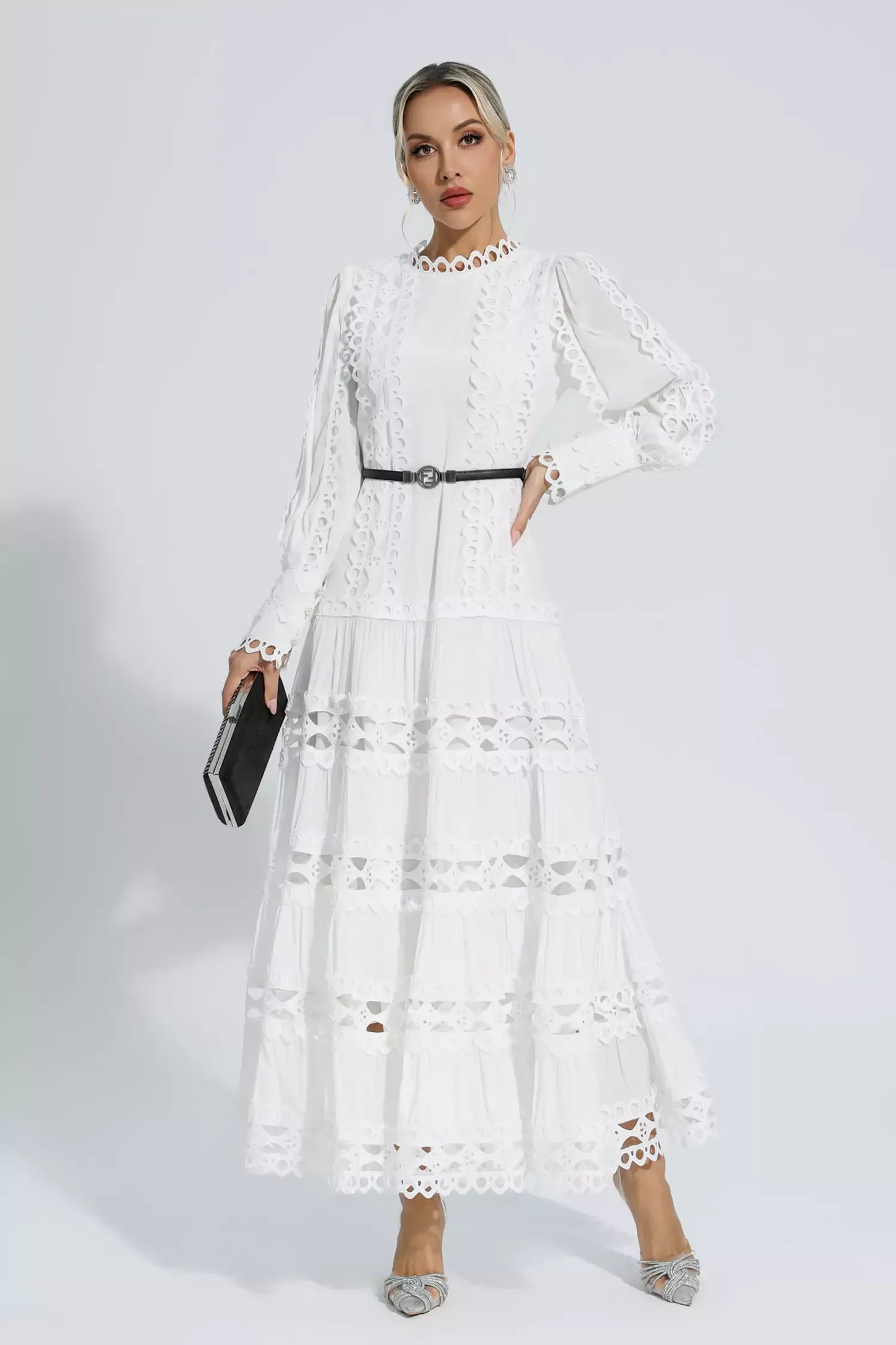 Mikayla Beyaz Hollow Fırfırlı Uzun Elbise