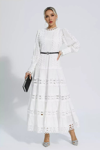 Mikayla Beyaz Hollow Fırfırlı Uzun Elbise