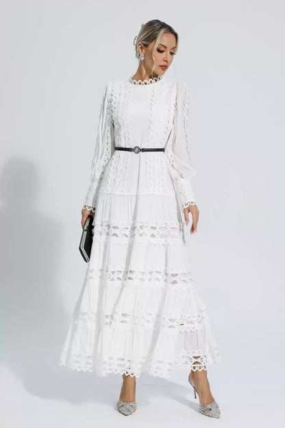 Mikayla Beyaz Hollow Fırfırlı Uzun Elbise