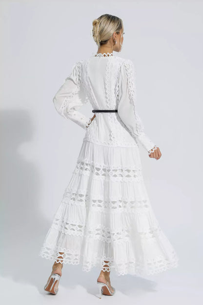 Mikayla Beyaz Hollow Fırfırlı Uzun Elbise