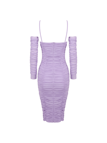 Monga İnce Çiçek Büzgülü Midi Elbise