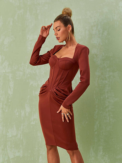 Noelani Uzun Kollu Korseli Midi Elbise