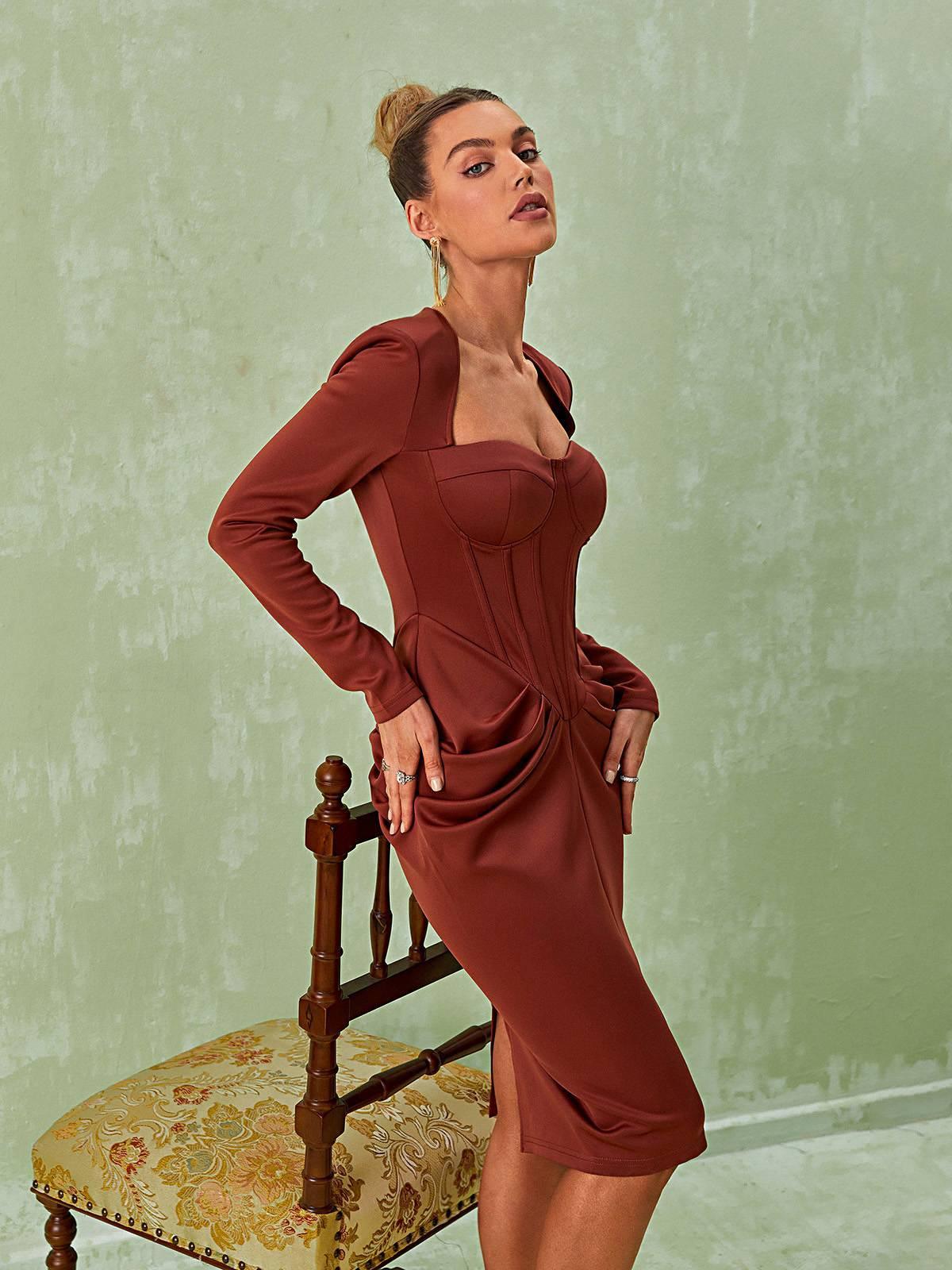 Noelani Uzun Kollu Korseli Midi Elbise